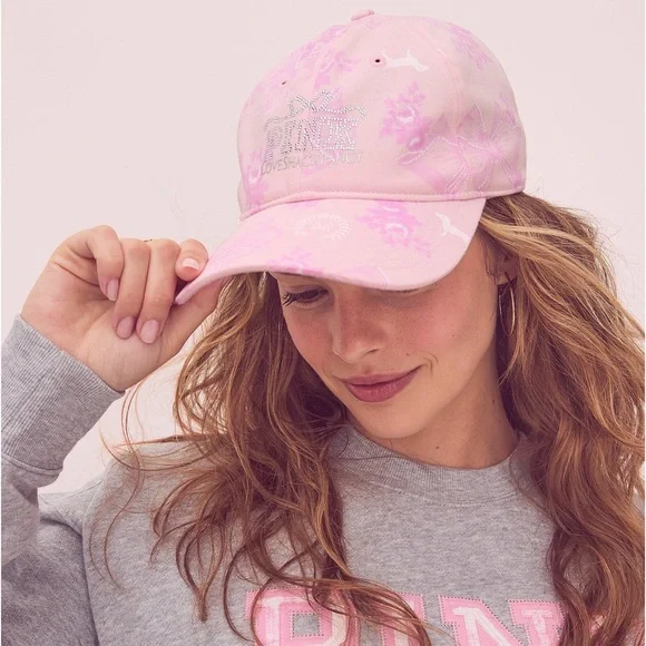 🎀PINK x LoveShackFancy Baseball Hat Beaux Icons Pink Floral Bling Diamante Logo